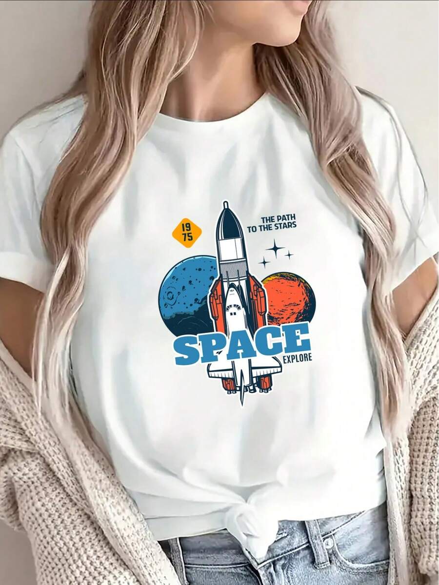 Camiseta de manga corta de poliéster ligera y transpirable para mujer - Top casual de cuello redondo, adecuada para uso diario en interiores y exteriores, lavable a máquina, color gris - Perfecta para combinar en capas y crear atuendos de estilo sencillo. - Blanco - Ver 1