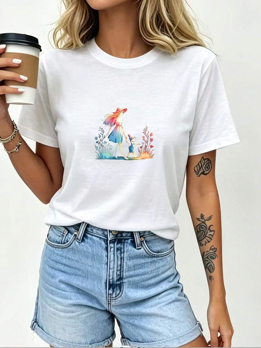Camiseta de manga corta para mujer con estampado de madre e hijo tomados de la mano en estilo acuarela, top negro casual de cuello redondo. - Blanco - Ver 1