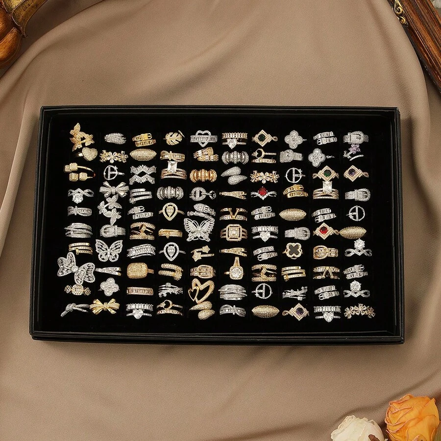 Bộ nhẫn nữ cao cấp đính đá Cubic Zirconia toàn bộ, chất liệu thép không gỉ, gồm 1 chiếc/3 chiếc/5 chiếc/10 chiếc, trang sức đeo hàng ngày và ngày lễ. - Bạc - Xem 1