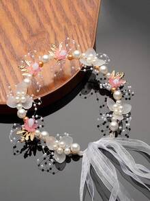 1 pieza Diadema de mujer con flores, decoración de perlas falsas y estrellas, banda de pelo de tela adecuada para bodas, verano, vacaciones, viajes, accesorios de novia, coronas, tiaras, tocados - Blanco - Ver 13