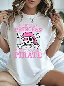 Elegante y casual para mujer, manga corta, camiseta de mujer con estampado de calavera y huesos cruzados de pirata para Halloween. ¿Por qué ser princesa cuando puedes ser pirata? Estampado rosa sobre fondo negro, ropa casual para otoño e invierno. - Blanco - Ver 8