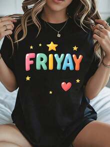 Elegante y casual para mujer, manga corta, linda camiseta de mujer Friday FRIYAY con estampado de estrellas y corazones, ropa casual blanca para el fin de semana en la temporada de verano. - Negro - Ver 8