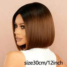 12 Inch Ombre Brown Short Bob Wig, Heat Resistant Synthetic Fiber, Middle Part Design, Fashionable Hair Color, Natural And Smooth Styling, Suitable For All Women, Cosplay, Theme Parties, Carnival - Multicolor - View 8