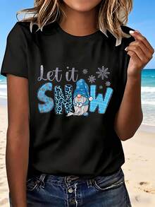 Christmas Let It Snow Gnome T-Shirt With Cute Cartoon Design Fashionable Casual Wear For Women Perfect Gift For Holiday Season - Negro - Ver 1