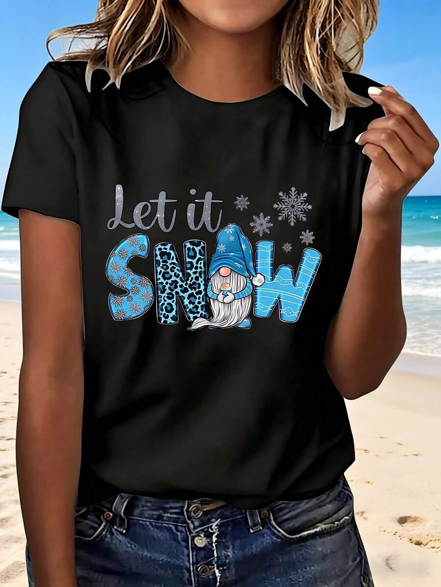 Christmas Let It Snow Gnome T-Shirt With Cute Cartoon Design Fashionable Casual Wear For Women Perfect Gift For Holiday Season - Negro - Ver 1