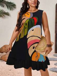 GRIIOO Vestido de Talla Grande para Mujer, Estilo Vacacional, Base Negra con Estampado de Plantas Tropicales Coloridas, Sin Mangas, Cuello Redondo, Bajo con Volantes, Espalda Descubierta con Lazo, Estilo Retro, Contraste de Color, Casual, para Uso Diario, Verano, Nuevo Vestido de Verano para Mujer, Vestido para Usar sobre Bikini, Vestido de Playa, Traje de Baño para Mujer, Ropa de Resort, Vestido de Vacaciones para Mujer. - Multicolor - Ver 9