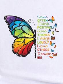 Chic Butterfly & Letter Print T-Shirt For Women - Casual Round Neck, Short Sleeve Top, Breathable Polyester, Machine Washable - Perfect For Spring/Summer - White - View 4