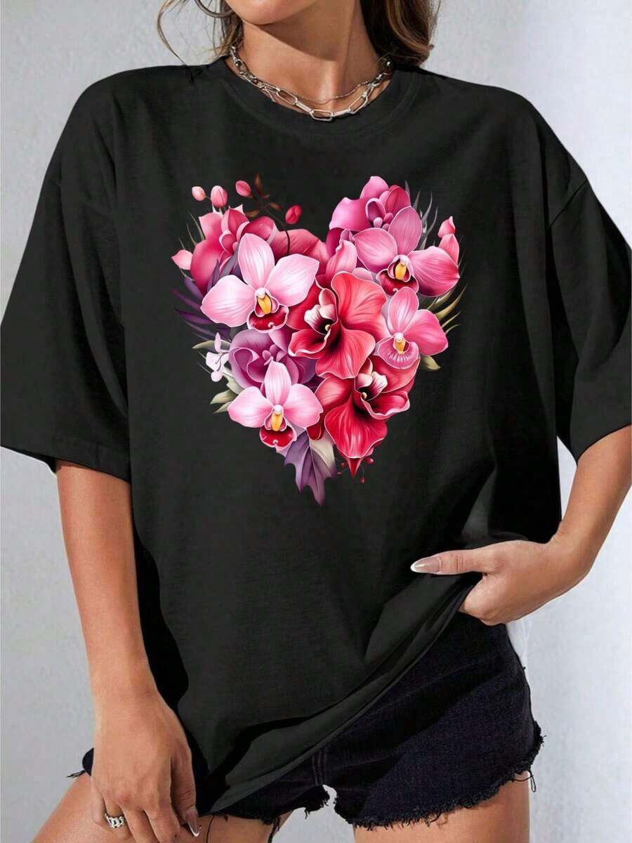 Camiseta Blanca y Negra para Mujer, Camiseta Oversize con Estampado de Corazón y Flor de Orquídea Blanca, Top Casual de Verano para Fiesta al Aire Libre, Camiseta Estampada Casual de 180g - Negro - Ver 1