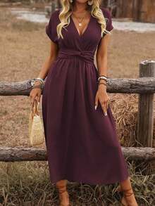 Vestido midi de manga abullonada con escote cruzado, cintura fruncida y espalda retorcida en estilo bohemio occidental casual para primavera/verano de mujer - Burdeos - Ver 1