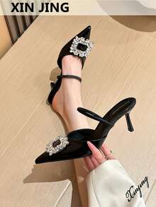 Xin Jing Shoes 女士优雅尖头水钻搭扣露趾凉鞋，性感时尚绑带通勤派对中跟凉鞋 - 黑色 - 查看 2