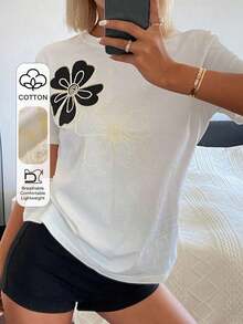 Camiseta gráfica de mujer de cuello redondo, manga corta, con decoración de bordado floral y contraste de color, para vacaciones y uso casual - Negro - Ver 6