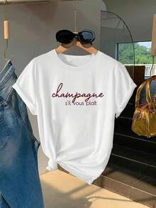 Camiseta de manga corta de corte regular - Color champán, con estampado moderno - Moda primavera/verano para mujer, camiseta de manga corta estampada, versátil, transpirable, para uso diario casual en verano. - Blanco - Ver 7