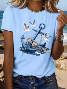 Camiseta de manga corta con cuello redondo y estampado de ancla y patrón blanco para verano, estilo casual de vacaciones, ropa de mujer para primavera/verano. - Blanco - Ver 8
