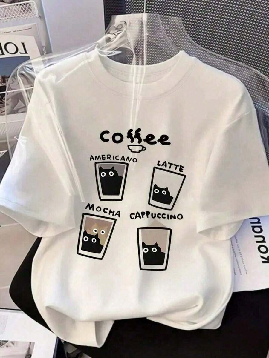 1 pieza de camiseta casual de manga corta para mujer de talla grande con estampado gráfico de café, té y un lindo gato, adecuada para primavera, verano y otoño, camiseta de gato, ropa de verano, diseño divertido, estilo japonés, top casual/de exterior/camiseta estampada blanca 180g Algodón 100%. - Blanco - Ver 1