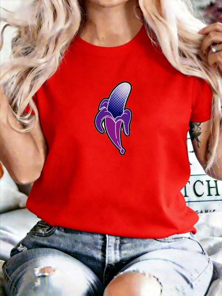 Camiseta de Mujer con Estampado de Plátano de Dibujos Animados, Estilo Casual Elegante, Diseño Casual de Manga Corta y Cuello Redondo, Cuello Redondo Suave, Top de Talla Grande, Suave y Elástica, Perfecta para Salidas y Uso Casual, Secado Rápido, Transpirable, Lavable, Ajuste Cómodo - Rojo - Ver 1