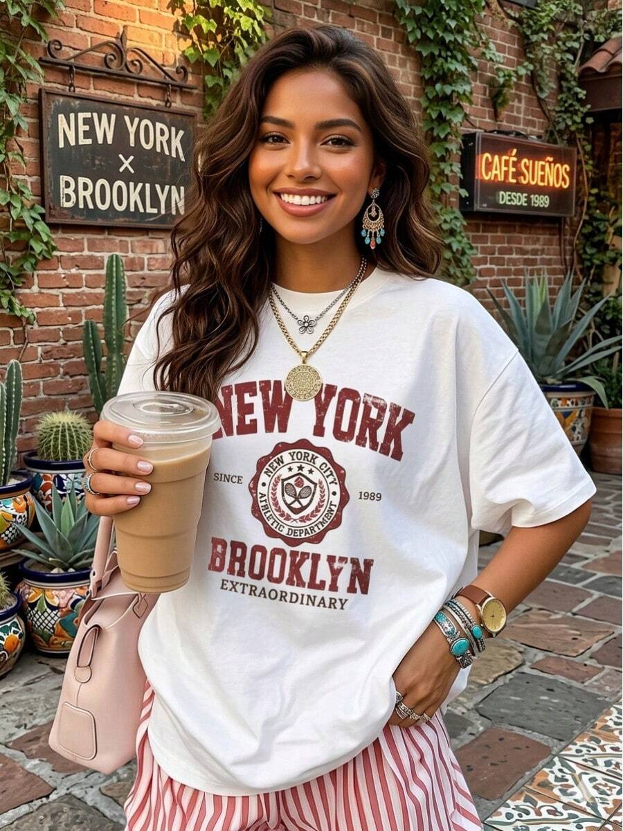 Loose Fit Slogan T-Shirt: Women's Loose Fit Slogan Print T-Shirt, New And Casual Summer T-Shirt, Fashionable Everyday Wear And Vacation Wear - 白色 - 查看 1