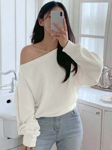 Camiseta de manga larga de ajuste holgado y unicolor con hombros descubiertos para mujer - Negro - Ver 6