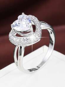 1pc Elegant Double-Layer Heart Design Cubic Zirconia Inlaid Women's Ring, Holiday Gift - Multicolor - View 3