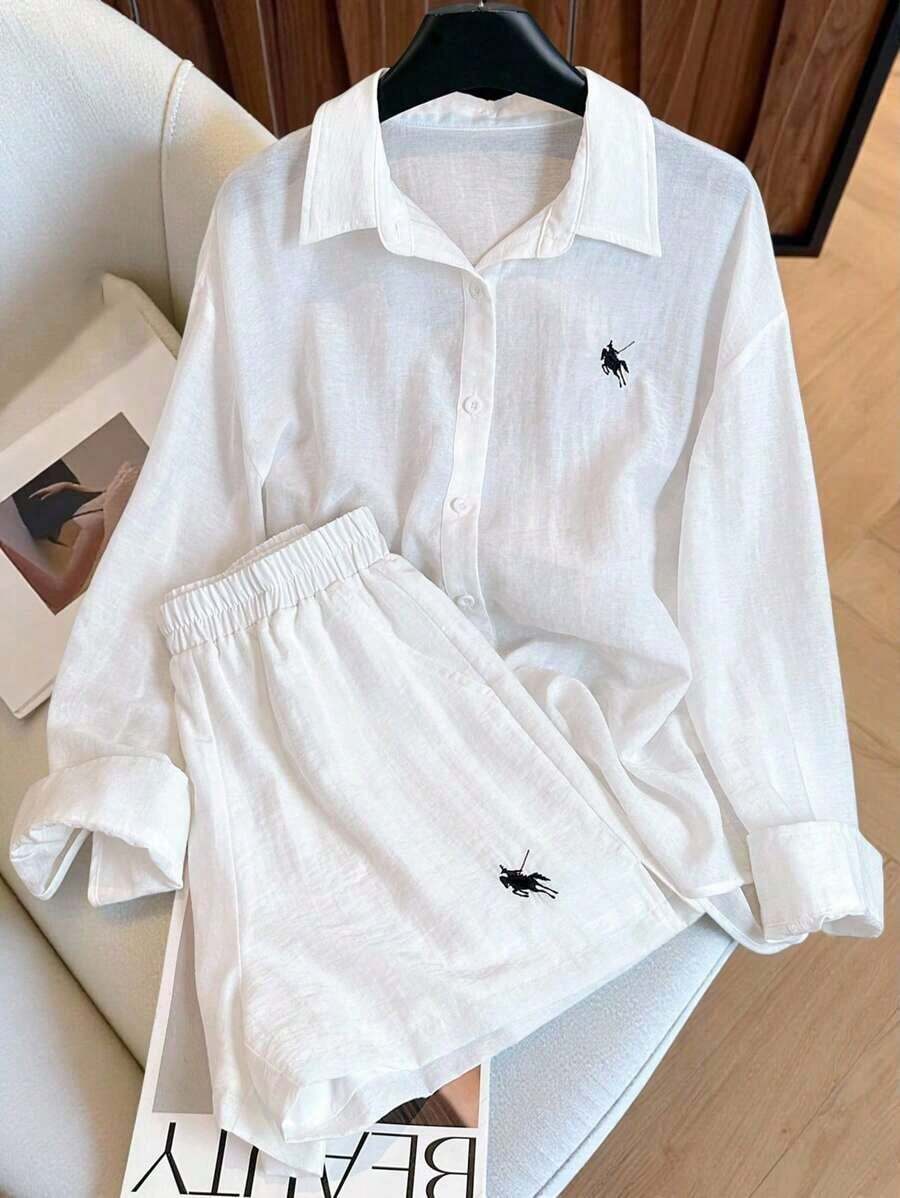 Conjunto de camisa de manga larga a rayas de un solo pecho y pantalones cortos versátiles de estilo vintage casual - Blanco - Ver 1