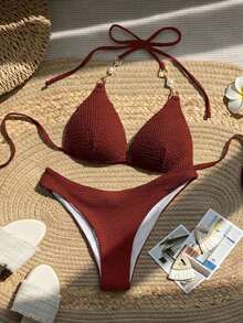 Bañador bikini triángulo halter con diseño de perla - Rojo 2 - Ver 7