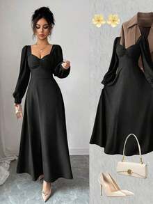 YHHElenzga Vestido maxi elegante de mujer con cuello cuadrado, mangas abultadas y cintura, adecuado para el uso diarioYHH - Negro - Ver 1