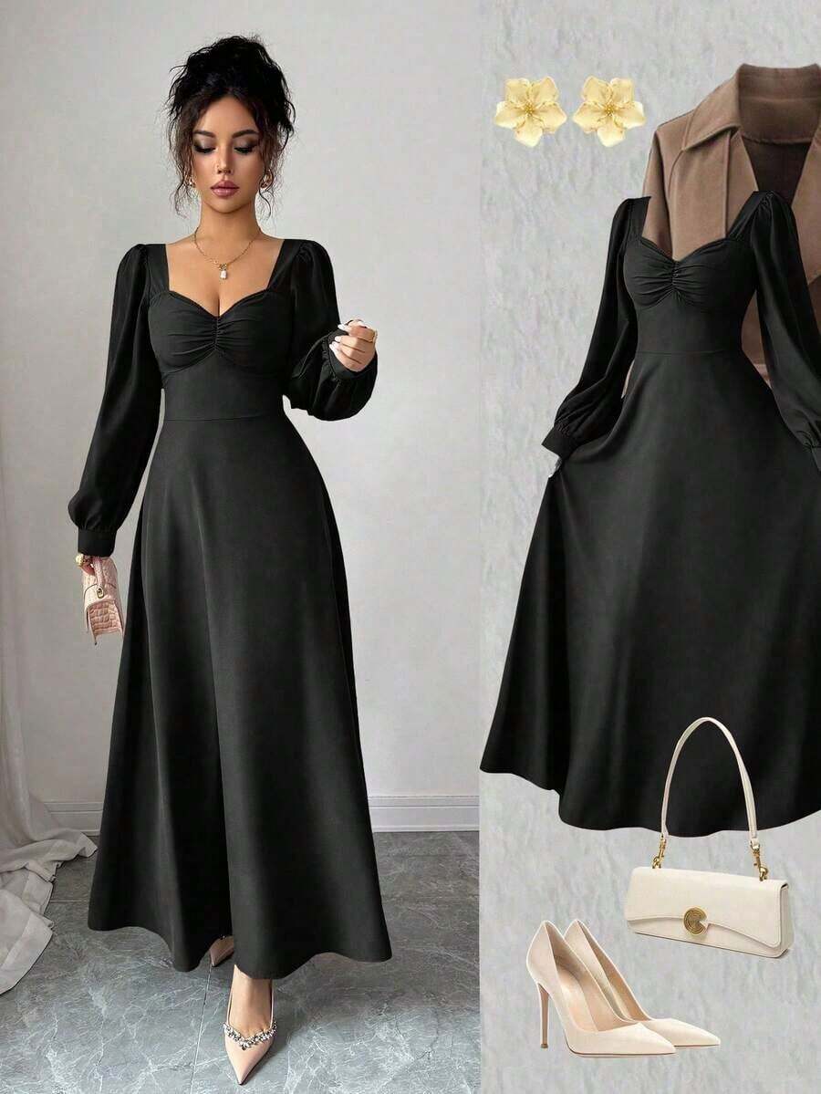 YHHElenzga Vestido maxi elegante de mujer con cuello cuadrado, mangas abultadas y cintura, adecuado para el uso diarioYHH - Negro - Ver 1