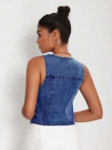 Chaqueta informal de mezclilla con cuello en V y abotonadura sencilla para mujer, primavera y verano - Azul lavado medio - Ver 2