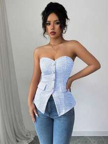 Top corto ajustado de verano para mujer con textura rosa, con detalle de botón de perla - Azul - Ver 3