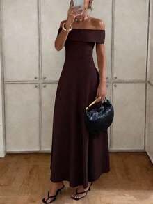 Vestido de mujer de unicolor con hombros descubiertos, nuevo vestido largo elegante y ajustado sin espalda para fiestas, uso diario y citas - Marrón - Ver 7