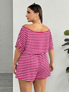 Rompers para mujeres de talla grande, mono informal de rayas, vestidos de verano para mujer, traje de una pieza, mono corto, para dama - Rosa Fucsia - Ver 2
