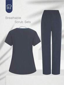 Conjunto de uniforme de pijama de unicolor con parches, cuello en V y manga corta - Gris - Ver 2