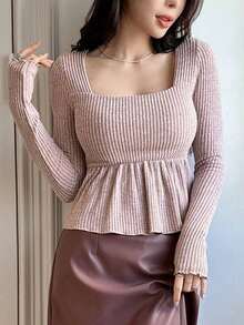 Blusa casual de mujer con cuello cuadrado, manga corta, silueta acampanada y tela texturizada, top sexy y lindo - Rosa - Ver 5
