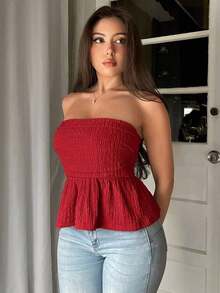 Top de tirantes con pliegues y volantes en el bajo, de tela texturizada, elegante - Rojo - Ver 4