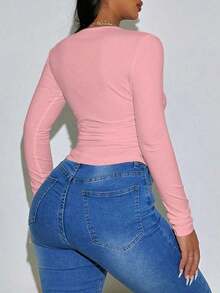 Camiseta Ajustada De Cuello Redondo Y Plisada En Color Sólido - Rosa vieja - Ver 2