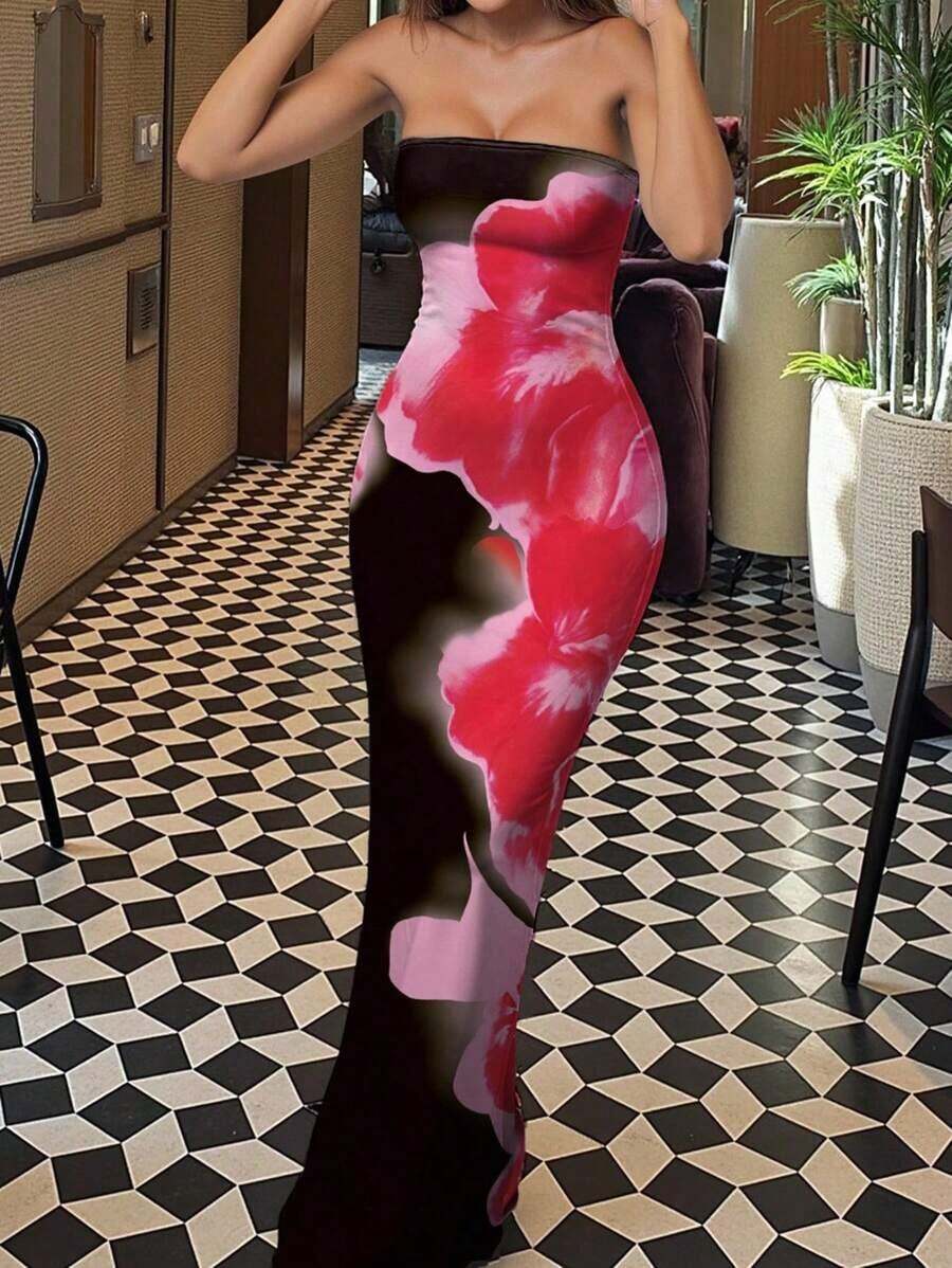 Vestido mini bandeau con estampado aleatorio para mujeres - Multicolor - Ver 1
