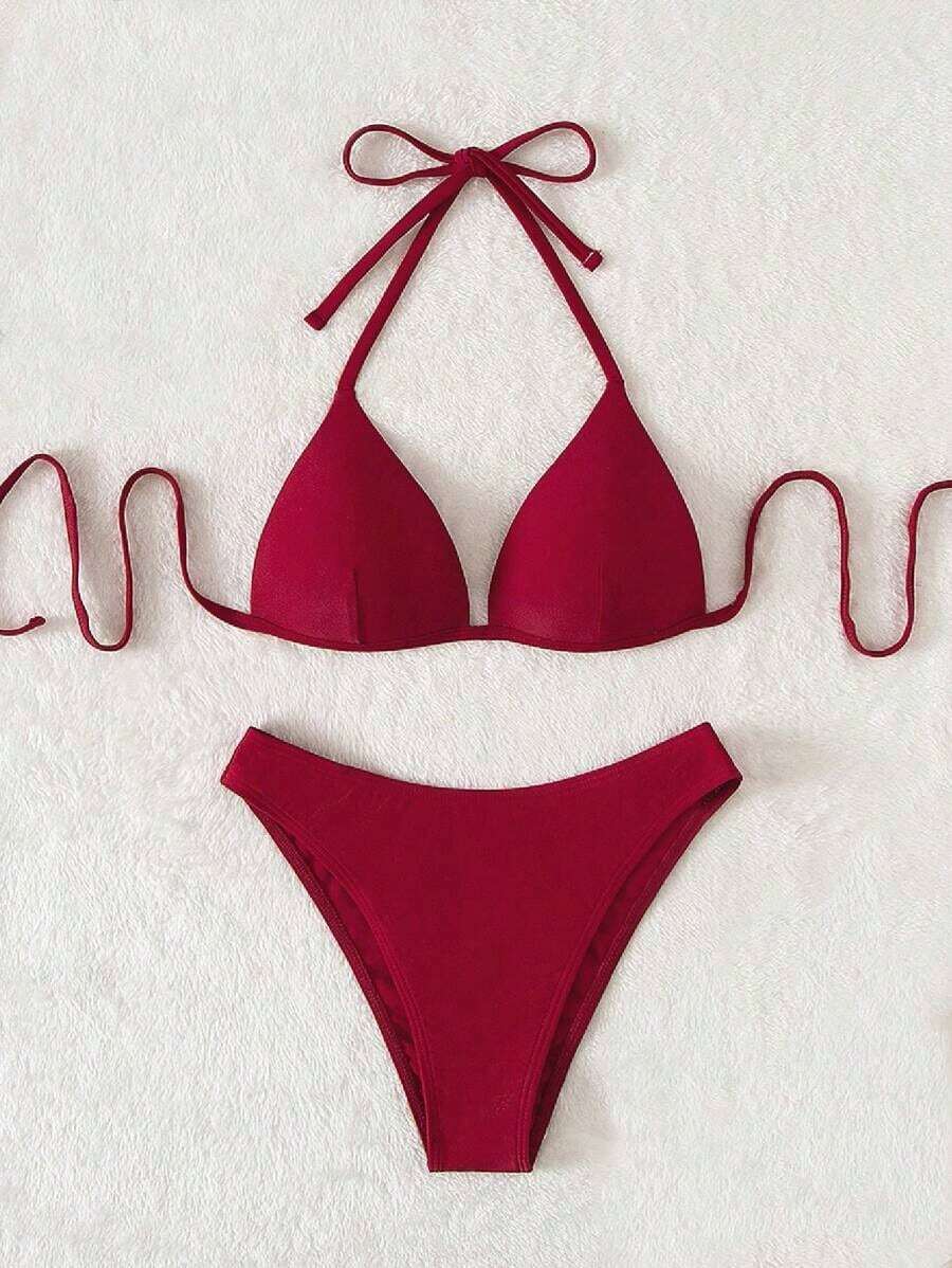 Conjunto de bikini liso, sujetador push up y parte inferior de bikini, traje de baño de 2 piezas - Burdeos - Ver 1