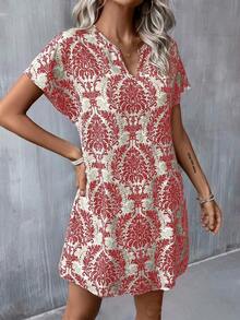 Vestido casual de mujer con estampado floral, cuello en V y manga corta para vacaciones - Rojo y blanco - Ver 4