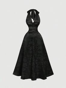 Vestido de mujer de moda con estampado total, cuello halter y lazo en la cintura, de largo medio - Negro - Ver 1