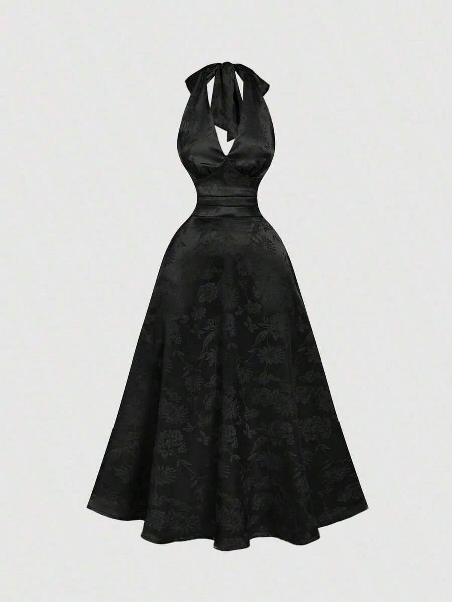 Vestido de mujer de moda con estampado total, cuello halter y lazo en la cintura, de largo medio - Negro - Ver 1