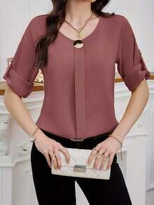 Clasi Blusa casual sencilla para uso diario con cuello redondo, manga corta y botones delanteros para mujer - Rosa vieja - Ver 3