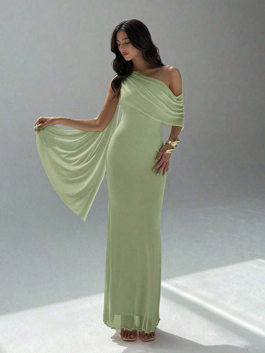 Vestido asimétrico de hombro de unicolor elegante para mujer - Verde - Ver 1