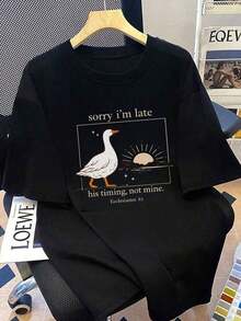 Plus Size Women's Black Short-Sleeved Summer T-Shirt With White Goose Logo And Sun Print, For Holidays And Everyday Wear - 黑色 - 查看 8