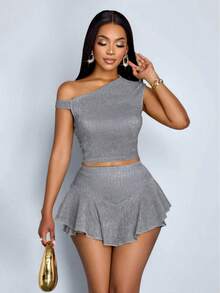 Women's One Shoulder Ribbed Crop Top And Ruffle Hem Skirt Two Piece Set, Asymmetric Neckline Slim Fit Top And High Waist Flared Skirt, Casual Party C - 石板灰 - 查看 1