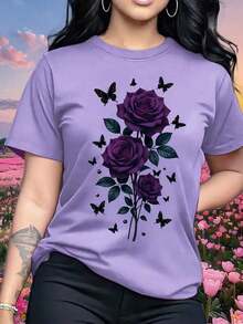 Fashionable Casual T-Shirt For Women With Unique Romantic Rose Design, Short Sleeve, Round Neck, Gift For Valentine's Day, Travel, Vacation, Party, Sweet And Elegant, Gift For Girlfriend, Gift For Mom - 紫色 - 查看 7