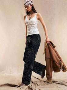 Pantalones rectos holgados de estilo bohemio con patrón de cuentas en color marrón para mujer, de verano - Negro - Ver 4