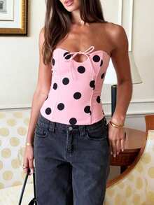 Kliou Polka Dot Strapless Top Women's Summer Fashion Asymmetrical Low-Neck Elegant Y2k Lace Up Corset Beach Basic Tube Top Pink - Pink - View 3