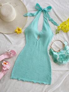 Vestido mini casual para vacaciones, boda en la playa, graduación, brunch, Día de San Patricio, vacaciones de primavera, Pascua, festival de música, elegante bohemio, tropical elegante sin tirantes, hombros descubiertos, espalda descubierta para of - Celeste - Ver 5