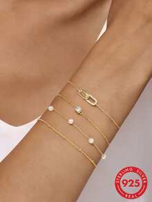 1pc Elegant 925 Sterling Silver Zirconia/Pearl Bracelet, Women's Bracelet, Waterproof And Adjustable, Perfect Jewelry Gift For Her - Gold - View 13