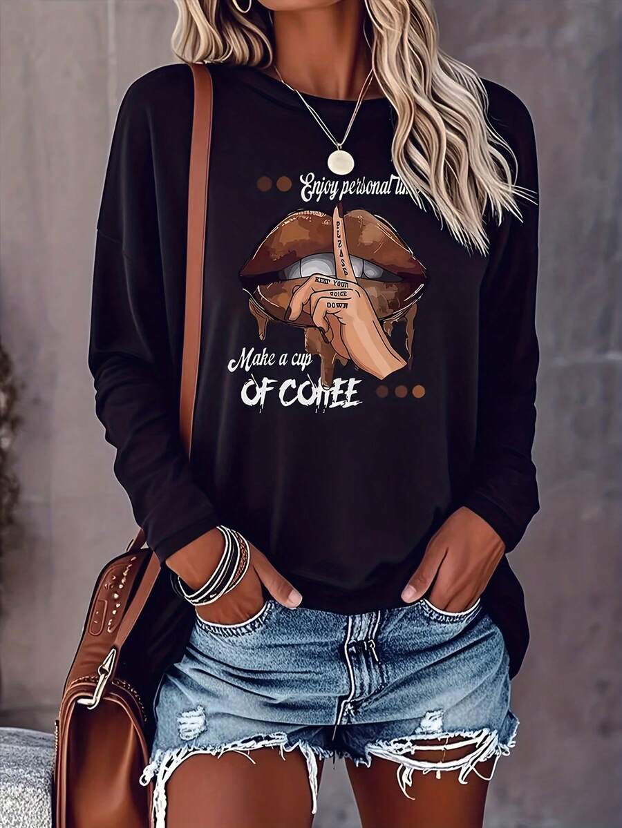 Women's Long Sleeve Printed T-Shirt - "Coffee Making" Design, Casual Polyester Top For Spring/Autumn, White With Reddish-Brown Lip Illustration, Spring Fashion | Women's T-Shirt | Glossy Finish, Ladies' T-Shirt - 黑色 - 查看 1