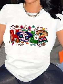 Fashion Street Estilo Elegante Día de los Muertos Estampado Cuello Redondo Casual Camiseta Top Deportivo de Manga Corta Ropa de Mujer - Negro - Ver 6